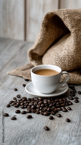 Freshly brewed coffee with spilled beans beside a cup on a wooden table in na...