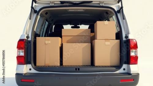 Packed cargo space in a vehicle showcasing organized cardboard boxes ready for transport or moving activities. Mock-up