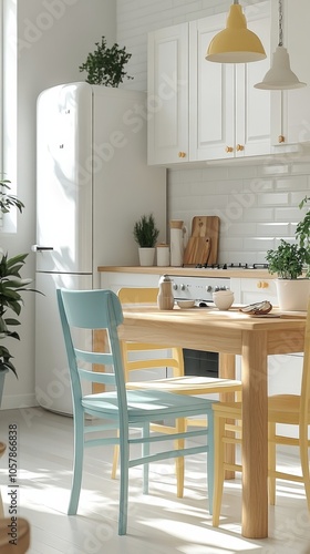 Modern kitchen design with blue cabinets and wooden furniture in bright natural light