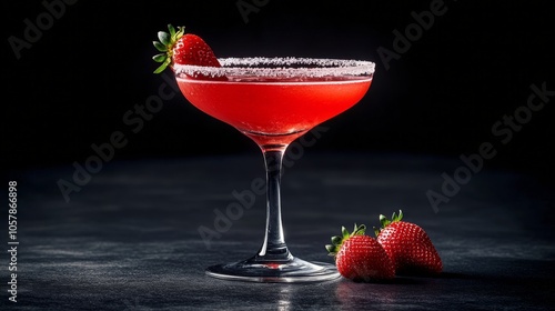 Refreshing strawberry margarita with salt rim served in elegant glass on dark...