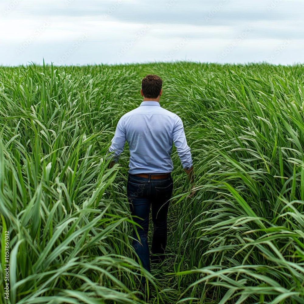 Investor walking through tall grasses, mapping out future possibilities Investor walking through tall grasses, mapping out future possibilities