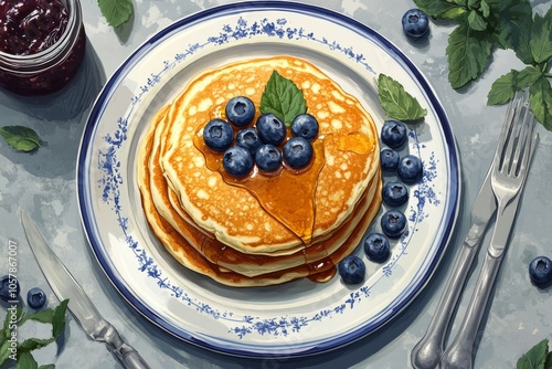 Delicious pancakes served with fresh blueberries and syrup on a vintage plate