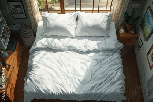 Soft white bedding neatly arranged on a comfortable bed in a serene bedroom s...