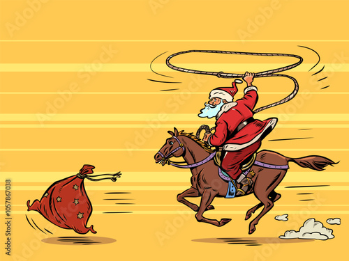 Last days of discounts on goods for New Year and Christmas. Buy gifts on marketplaces. Santa Claus tries to catch the running gift.