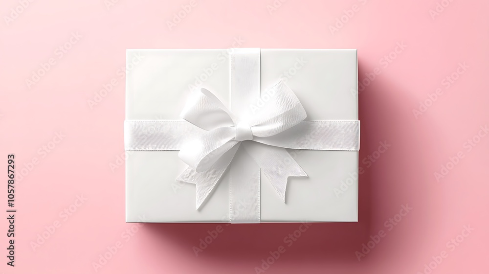 Luxurious white gift box featuring a graceful ribbon tied in a bow, set against a blush pink background Luxurious white gift box featuring a graceful ribbon tied in a bow, set against a blush pink background