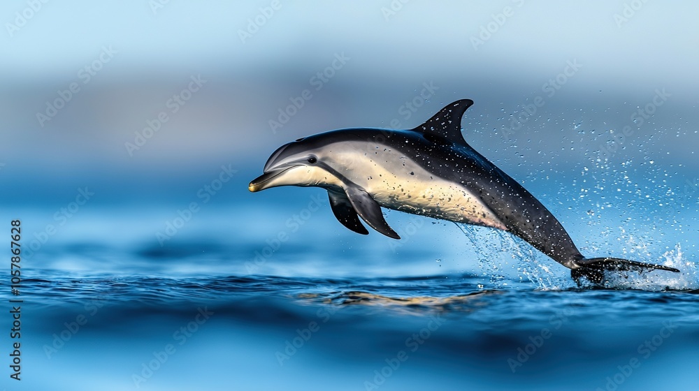 Obraz premium A dolphin leaps from the water, its mouth wide open and head above the surface