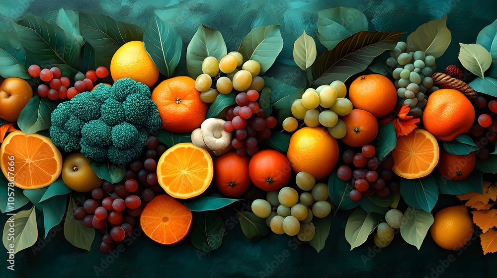 A colorful display of fruits and vegetables, including oranges, grapes, and broccoli. Concept of abundance and freshness, with the vibrant colors of the fruits and vegetables creating a lively A colorful display of fruits and vegetables, including oranges, grapes, and broccoli. Concept of abundance and freshness, with the vibrant colors of the fruits and vegetables creating a lively