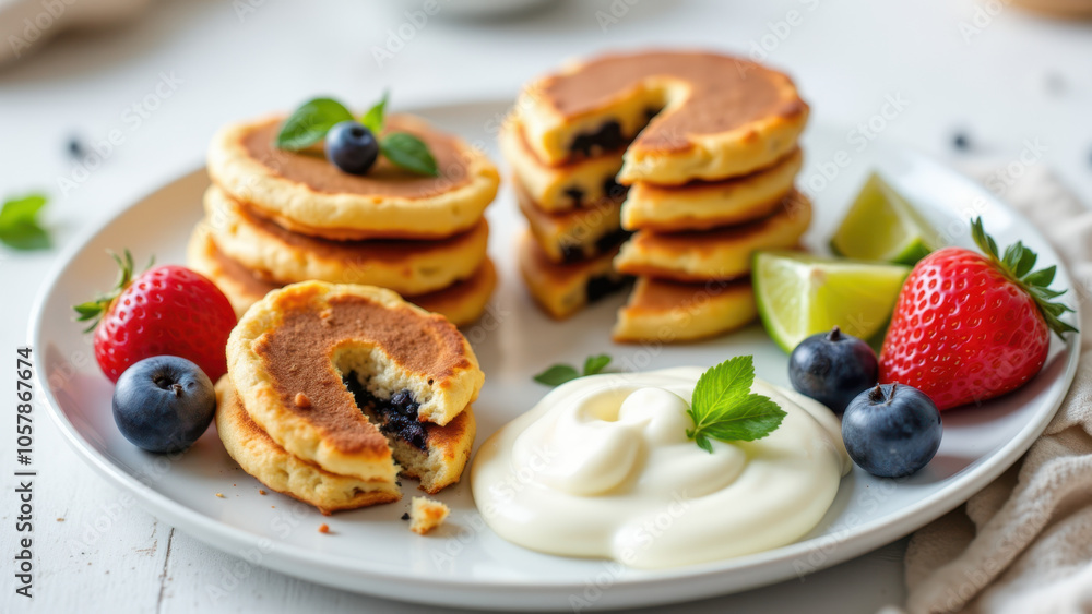 A delicious plate of blueberry pancakes with fruit toppings and whipped cream. A delicious plate of blueberry pancakes with fruit toppings and whipped cream.