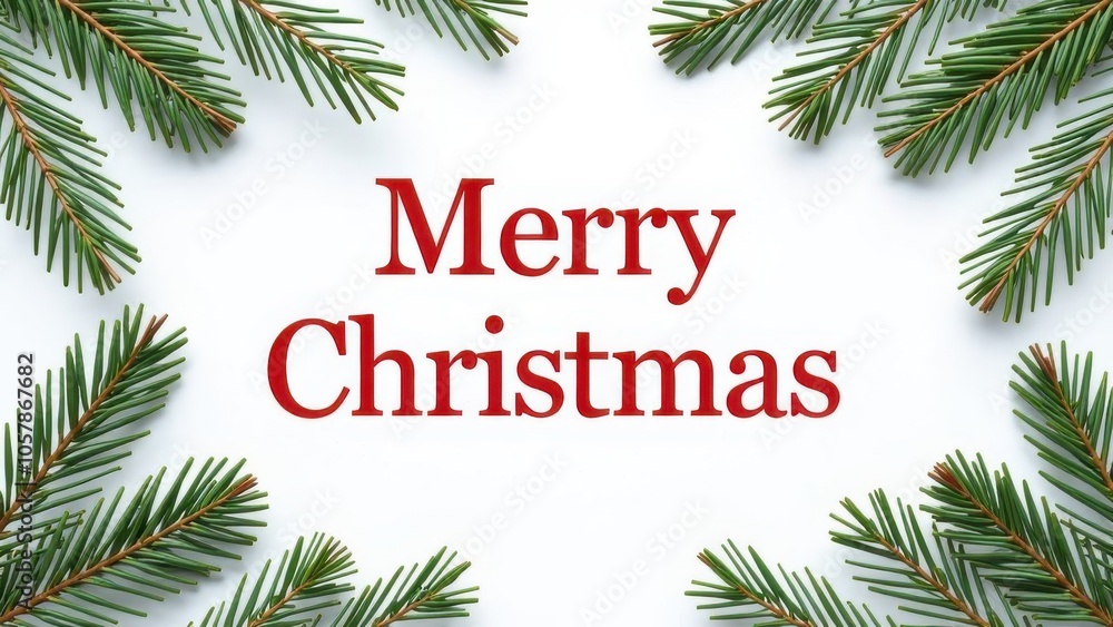 Fototapeta premium Festive decoration with \'Merry Christmas\' surrounded by pine branches on a white background during the holiday season