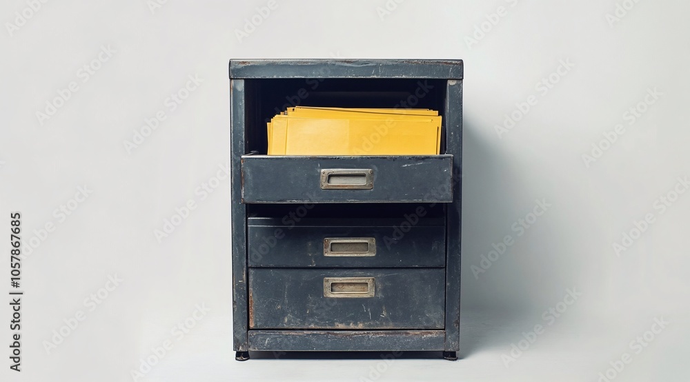 Modern metal filing cabinet with open drawers revealing bright yellow folders in an office setting Modern metal filing cabinet with open drawers revealing bright yellow folders in an office setting