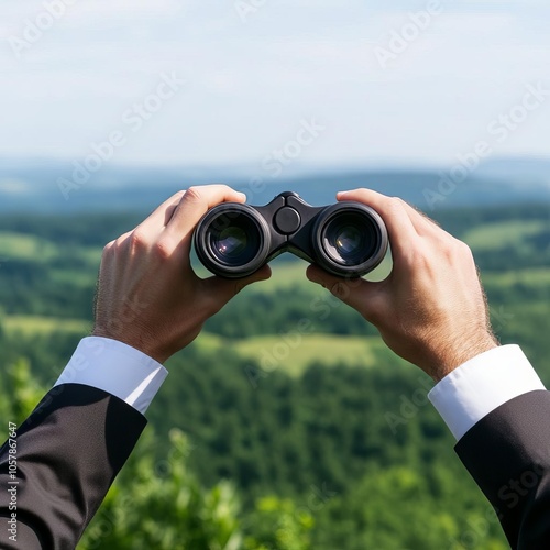 Land investor holding binoculars, surveying landscape for opportunity