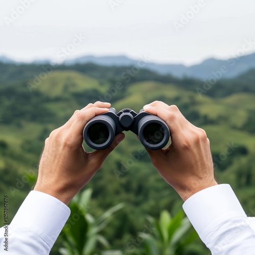 Land investor holding binoculars, surveying landscape for opportunity