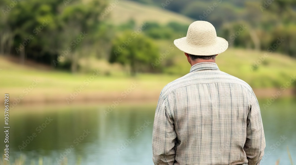 Land investor standing next to a lake, considering lakeside property Land investor standing next to a lake, considering lakeside property