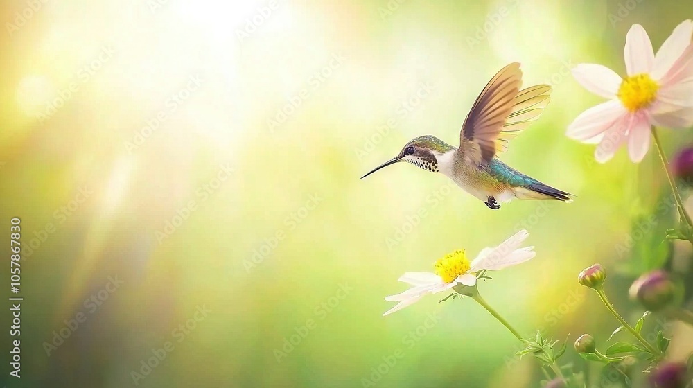 Fototapeta premium Hummingbird soaring above daisy field under bright sun