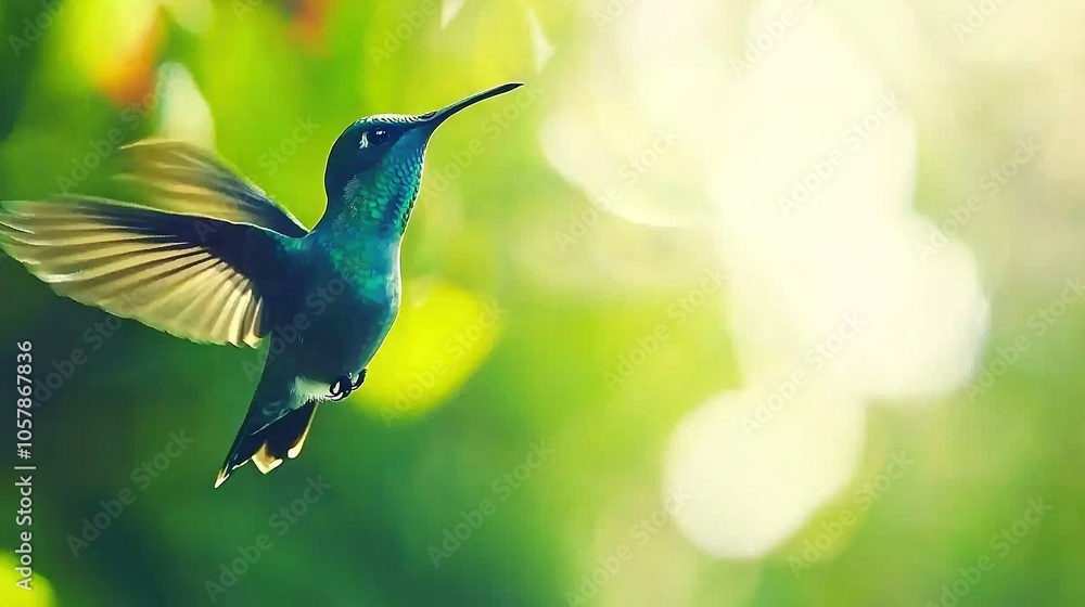 Fototapeta premium A hummingbird in flight, wings open wide and beak outstretched