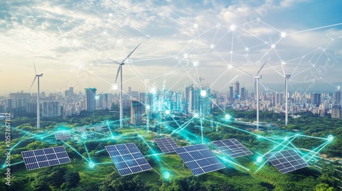 A renewable energy technology scene featuring solar panels, wind turbines and a smart grid connected to a city, shows the future of sustainable energy production.