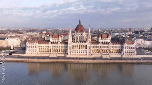 Drone Shot of Hungarian Parliament Building and Danube River in Budapest Cityscape. Hungary