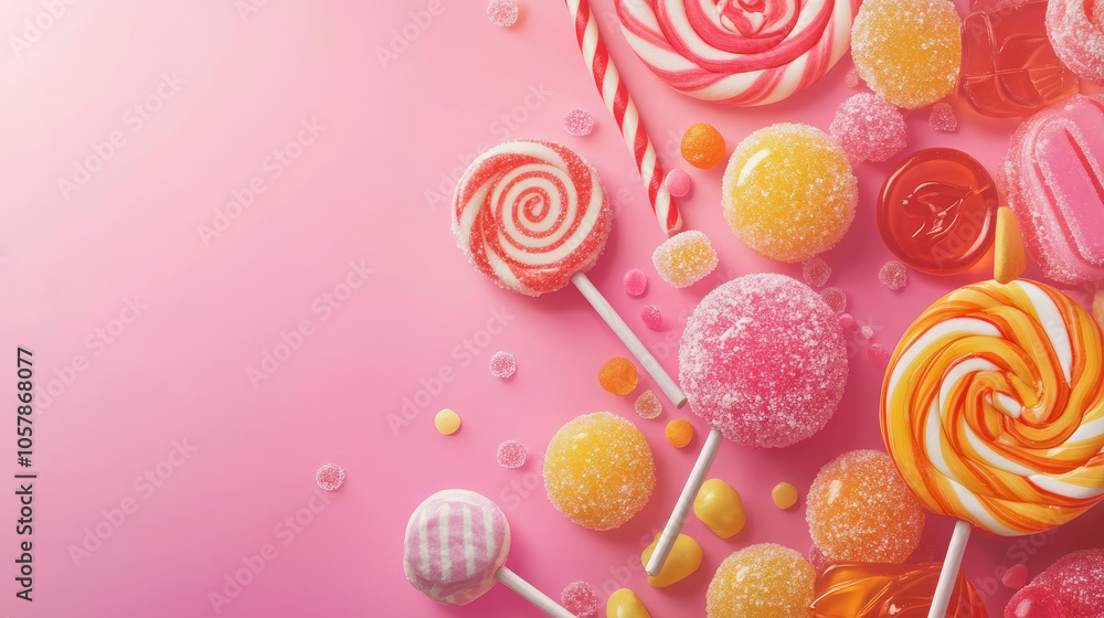 Background design showcasing a colorful array of candies and lollipops.
Background design showcasing a colorful array of candies and lollipops.