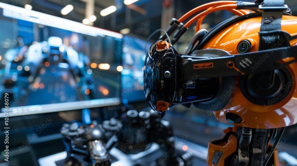 Orange robot in vr headset analyzing data on computer screen in high tech lab, connected to network of wires, cables Orange robot in vr headset analyzing data on computer screen in high tech lab, connected to network of wires, cables
