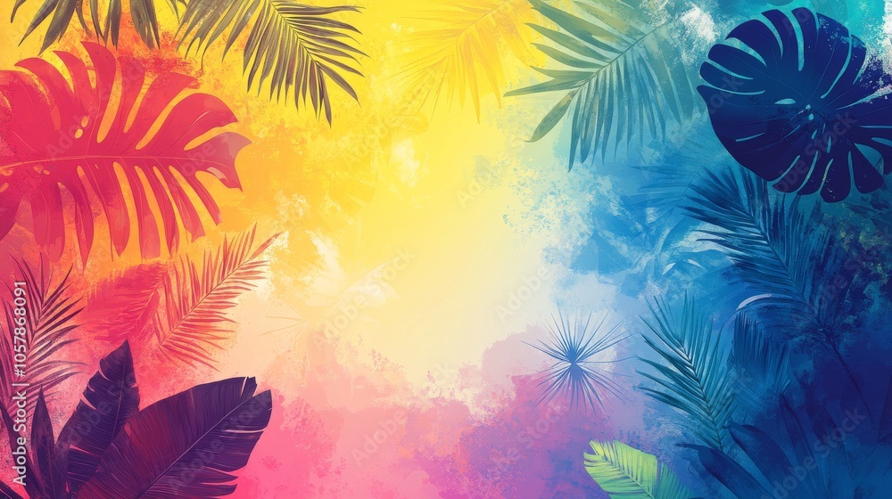 A colorful array of exotic leaves and abstract shapes, creating a vibrant summer-themed design A colorful array of exotic leaves and abstract shapes, creating a vibrant summer-themed design