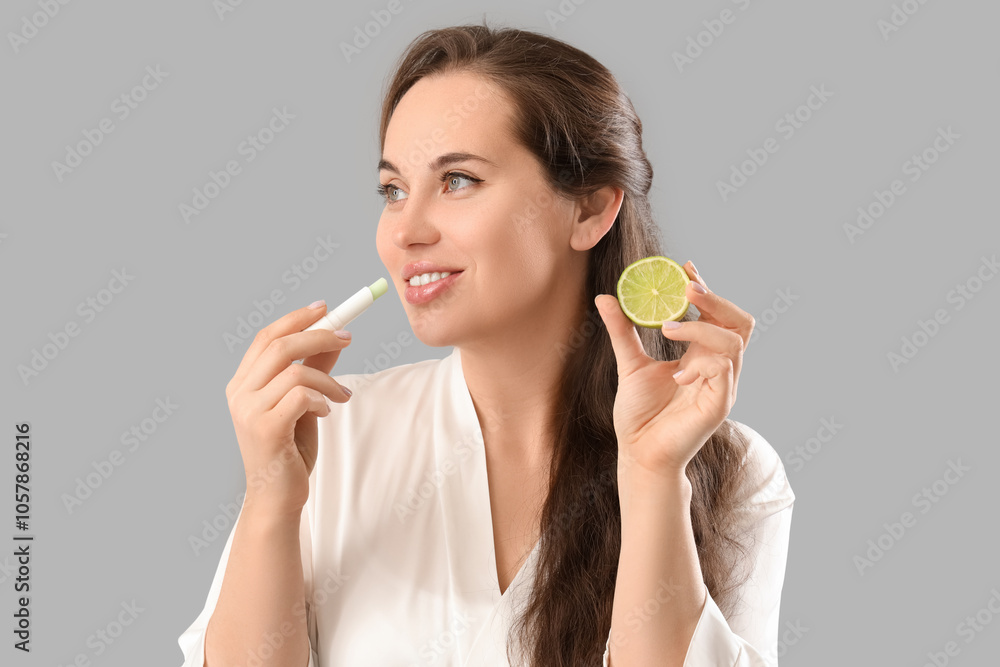 Young woman with lip balm and lime on grey background, closeup Young woman with lip balm and lime on grey background, closeup