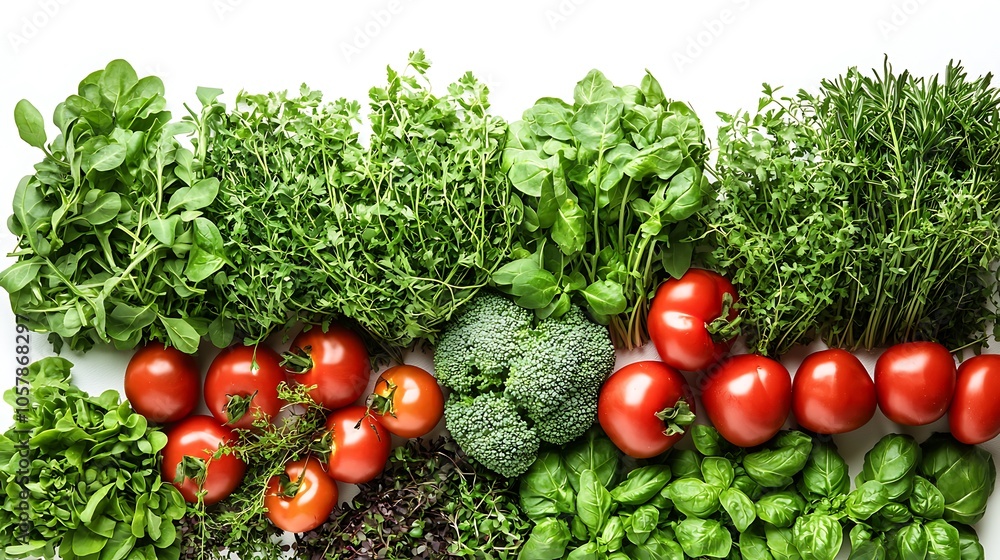 Aerial view of fresh vegetables and herbs displayed on a white background. Aerial view of fresh vegetables and herbs displayed on a white background.