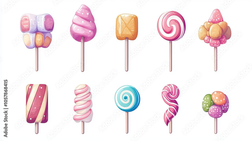 Isolated on a white background, this vector set includes an assortment of sweets such as candies, lollipops, wrapped sugar caramels, gums, and twisted marshmallows on sticks, along with spiral lollipo Isolated on a white background, this vector set includes an assortment of sweets such as candies, lollipops, wrapped sugar caramels, gums, and twisted marshmallows on sticks, along with spiral lollipo