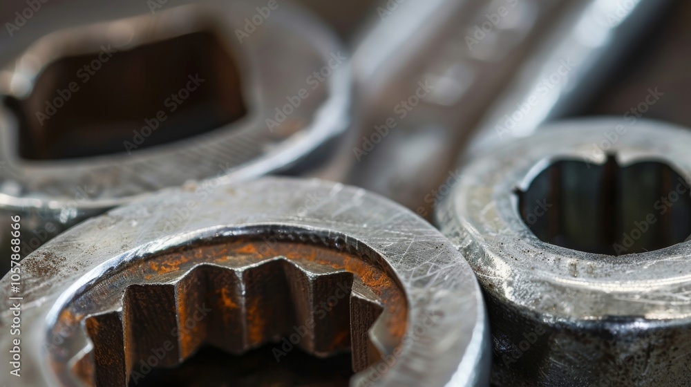 Close up of worn metallic ratchet heads in a workshop setting, showcasing craftsmanship and hard work. Rusty tools add industrial charm Close up of worn metallic ratchet heads in a workshop setting, showcasing craftsmanship and hard work. Rusty tools add industrial charm