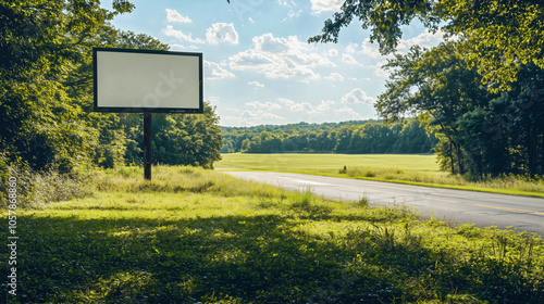 A standard-sized billboard that is empty, located beside the road in a visible spot, is used for advertising specific products or services. photo