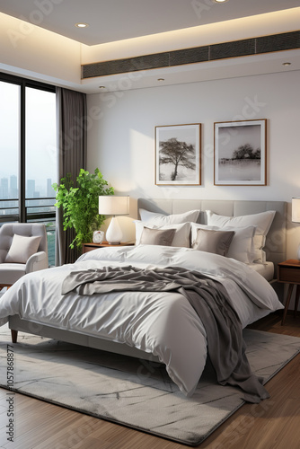 A sophisticated modern bedroom with a neutral color palette, featuring crisp white bedding accented by soft gray blankets.