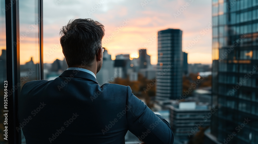 Fototapeta premium Businessman in a suit looking at a city skyline through a window during sunset, with modern skyscrapers and urban landscape in the background.