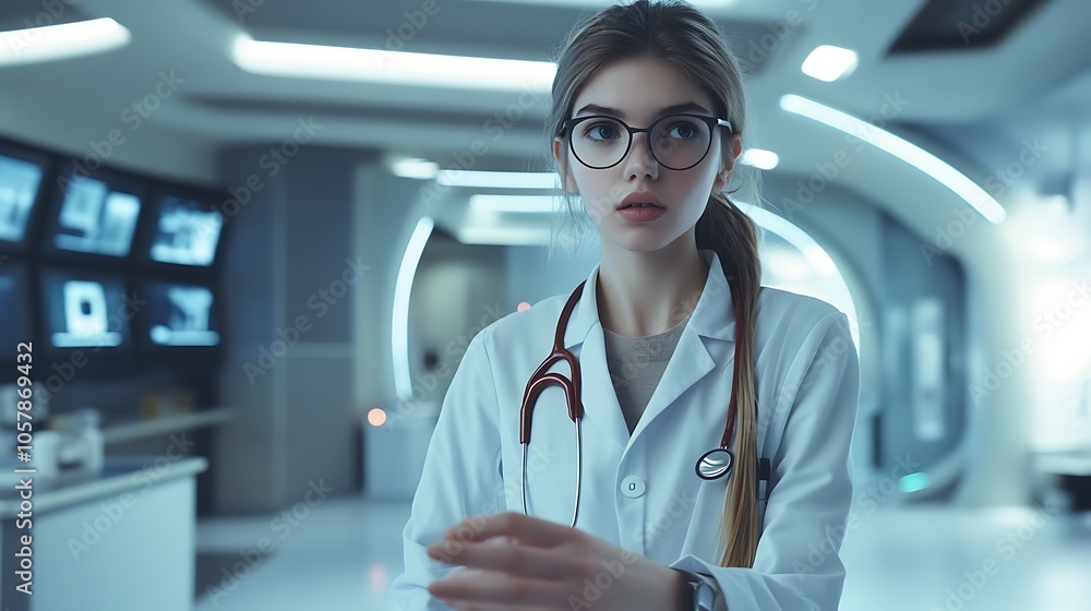 A young female doctor in her mid30s, wearing a crisp white coat and stethoscope around her neck, stands confidently in a modern clinic with sleek, technologyfilled background. A young female doctor in her mid30s, wearing a crisp white coat and stethoscope around her neck, stands confidently in a modern clinic with sleek, technologyfilled background.