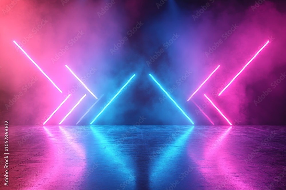 Abstract background with glowing neon arrows, blue and pink, on a shiny reflective stage Abstract background with glowing neon arrows, blue and pink, on a shiny reflective stage