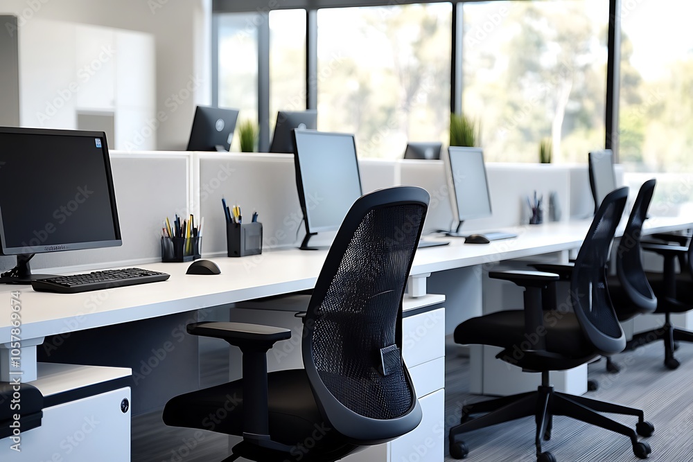 Modern Minimalistic Concrete Coworking Office room with Blank Walls, High Ceilings,and Mockup Frame Modern Minimalistic Concrete Coworking Office room with Blank Walls, High Ceilings,and Mockup Frame
