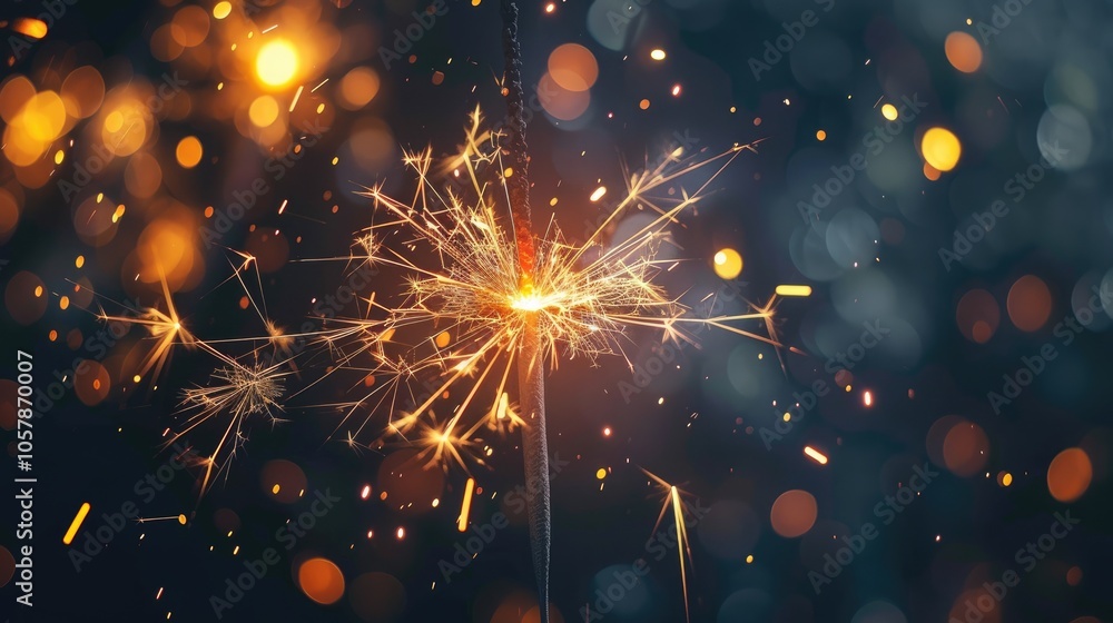 Obraz premium Beautiful sparkler burning and emitting bright sparks on dark background