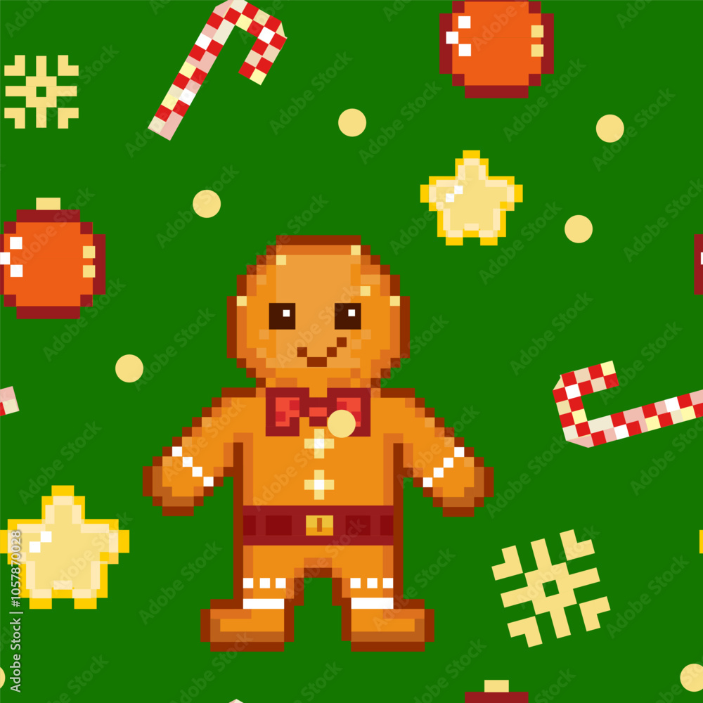 Fototapeta premium seamless pattern pixel art gingerbread man ,green background
