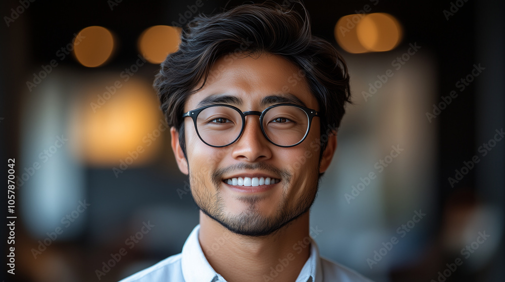 Contemporary professional with glasses displaying genuine smile in modern corporate environment Contemporary professional with glasses displaying genuine smile in modern corporate environment