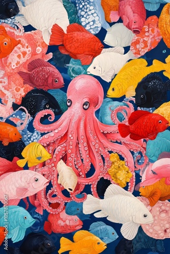 A pink octopus surrounded by colorful fish in an underwater scene. photo