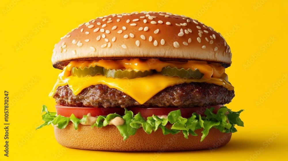 Delicious burger with beef, cheddar cheese, pickles, lettuce and tomato on yellow background Delicious burger with beef, cheddar cheese, pickles, lettuce and tomato on yellow background