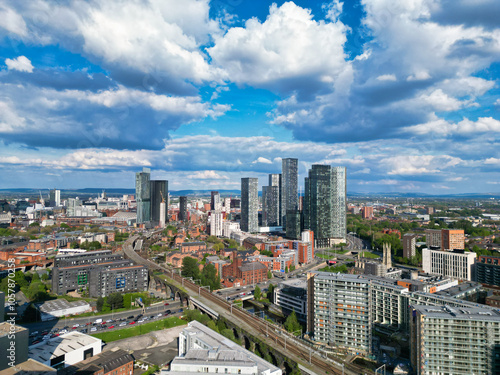 High Angle View of iconic Buildings at Central Greater Manchester City Centre and Tall Buildings During Golden Hour of Sunset over England UK. May 5th, 2024.