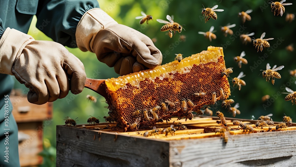 Close-up of a beekeeper’s hands extracting honeycomb from a wooden hive, surrounded by bees in a natural outdoor setting.
Close-up of a beekeeper’s hands extracting honeycomb from a wooden hive, surrounded by bees in a natural outdoor setting.