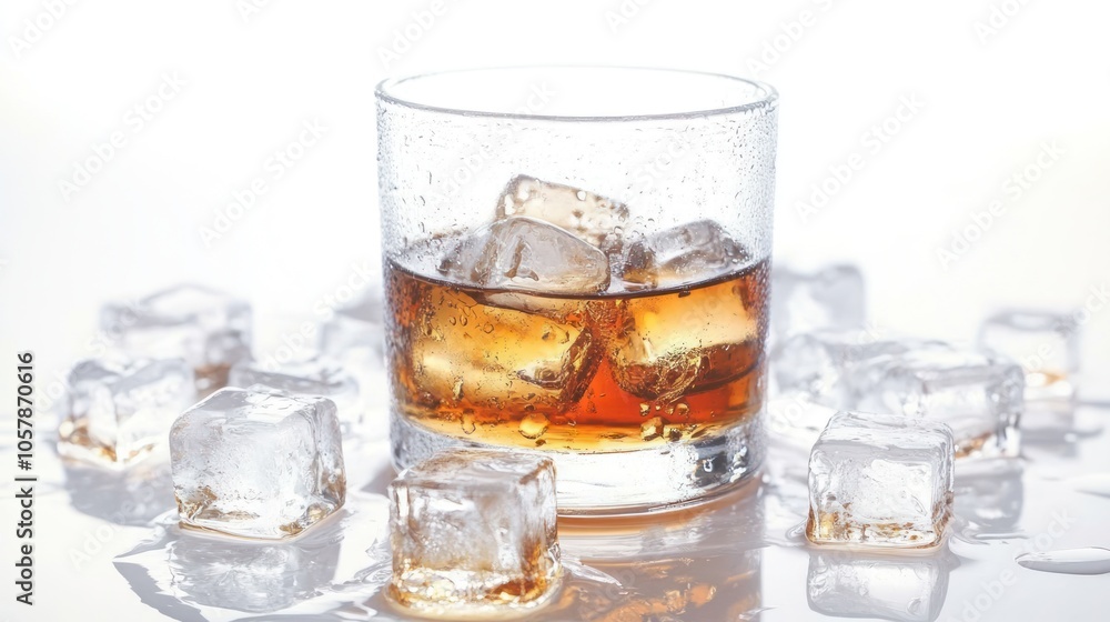 A glass of whiskey with ice cubes, emphasizing a refreshing drink experience. A glass of whiskey with ice cubes, emphasizing a refreshing drink experience.