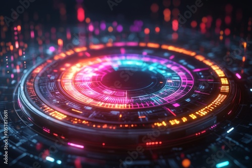 Colorful pie chart, neon effects, futuristic background, data visualization