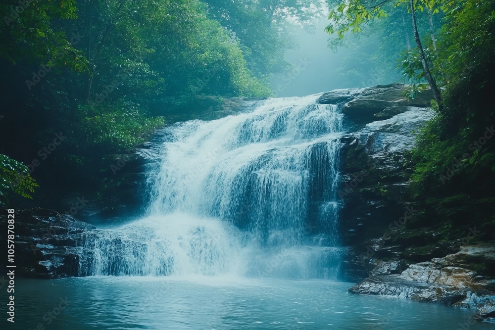Beautiful waterfall in the forest in the morning haze Beautiful waterfall in the forest in the morning haze
