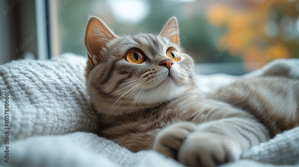 Fototapeta premium Cute cat relaxing on soft blanket by window
