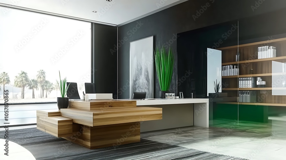 Fototapeta premium Modern Minimalistic Concrete Coworking Office room with Blank Walls, High Ceilings,and Mockup Frame