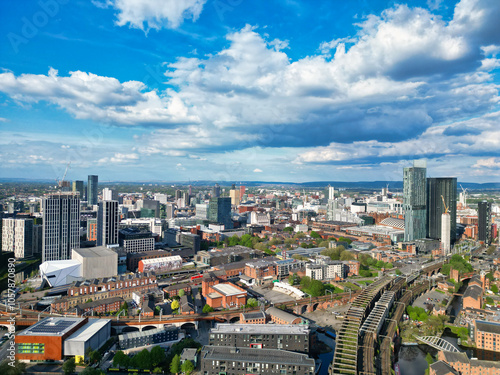 High Angle View of iconic Buildings at Central Greater Manchester City Centre and Tall Buildings During Golden Hour of Sunset over England UK. May 5th, 2024.