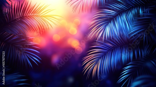 Tropical palm leaves silhouetted against a vibrant sunset with bokeh lights.