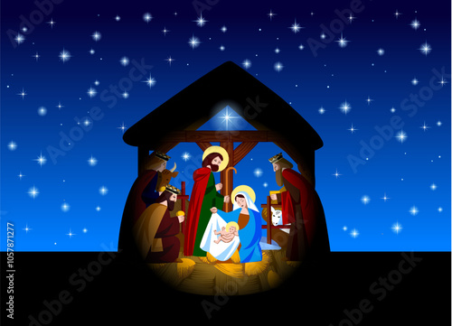 Illuminated silhouette of the Christmas scene of the Nativity of Christ and the adoration of the Magi against the background of the night starry sky. Vector 
illustration