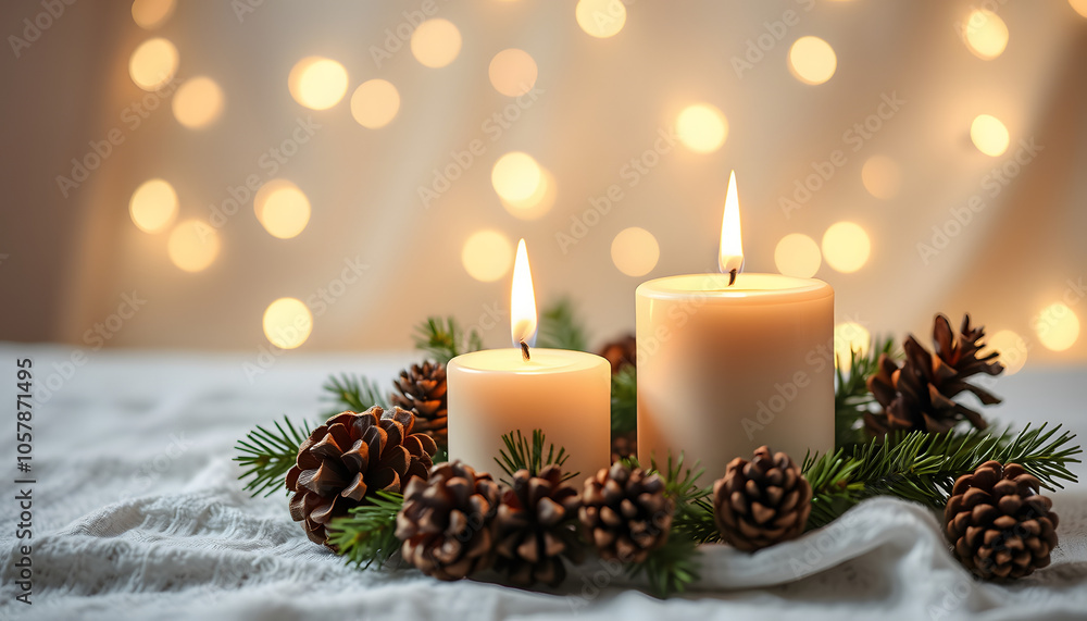 Merry Christmas and Happy New Year, Christmas Card, Natural Christmas decoration with burning candle on white linen and pine cones - magic lights in background isolated with white highlights, png Merry Christmas and Happy New Year, Christmas Card, Natural Christmas decoration with burning candle on white linen and pine cones - magic lights in background isolated with white highlights, png